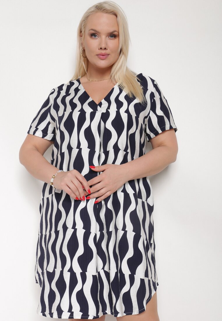 Rochie Bleumarin-Albă Evazată cu Decolteu în V Vikisora