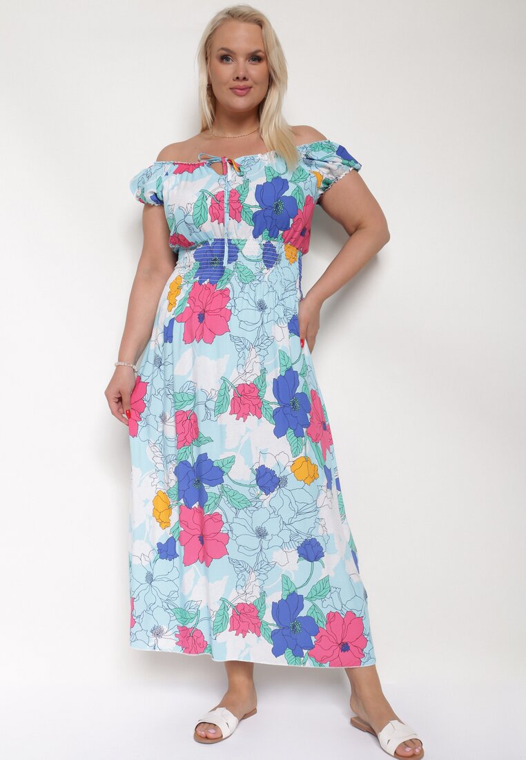 Rochie Albastru-Roz din Bumbac cu Croială Evazată cu Elastic în Talie Euretta