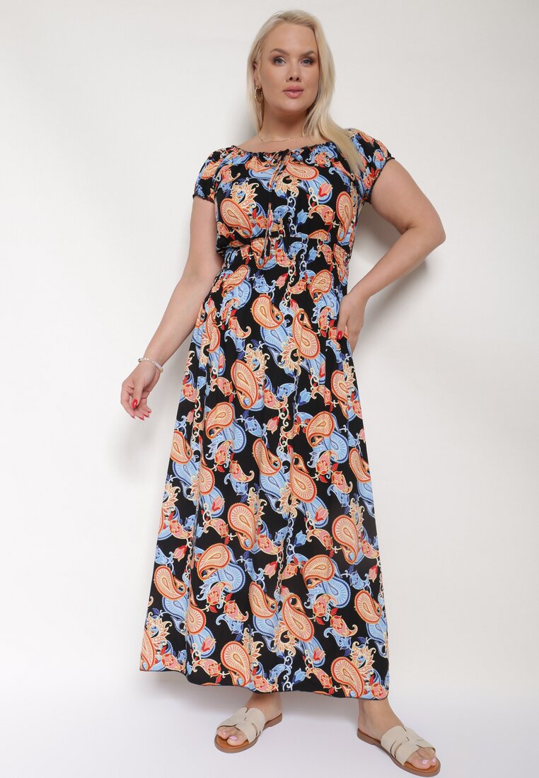 Rochie de bumbac negru-albastru cu elastic în talie Zilletta