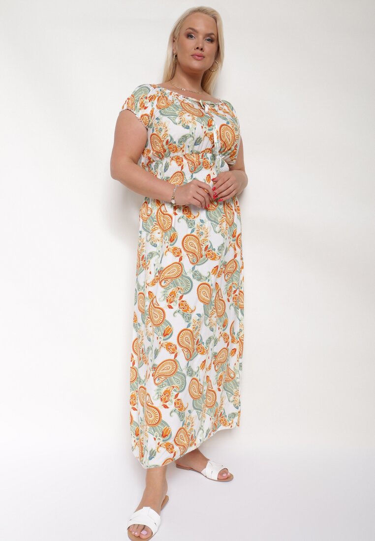 Rochie Alb-Portocalie din Bumbac cu Elastic în Talie Zilletta