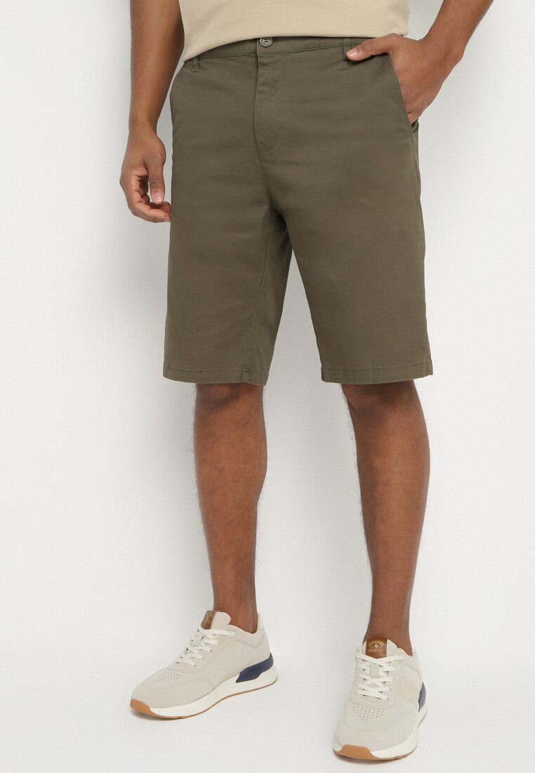 Pantaloni scurți verde închis din bumbac Bermuda cu fermoar și nasture ascuns Vikiidana