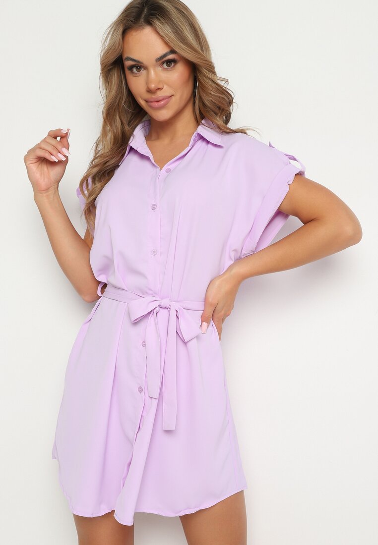 Rochie tip cămașă mov deschis cu croi evazat și curea în talie Vikiana
