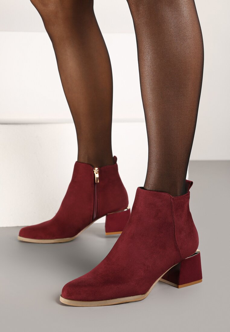 Botine Bordo din imitație de piele întoarsă cu toc bloc jos și inserție metalică Anorvia