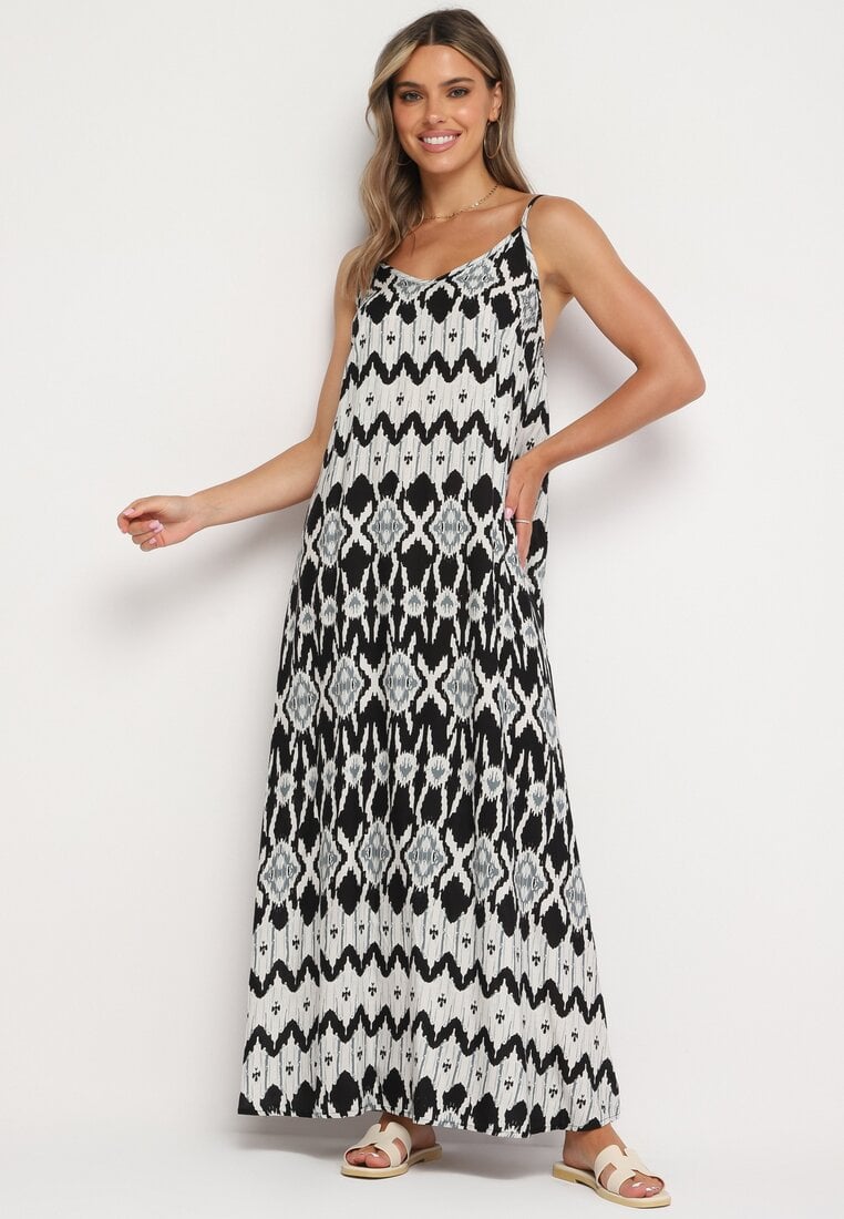 Rochie Negru-Alb din viscoză cu bretele reglabile cu imprimeu geometric Vididia