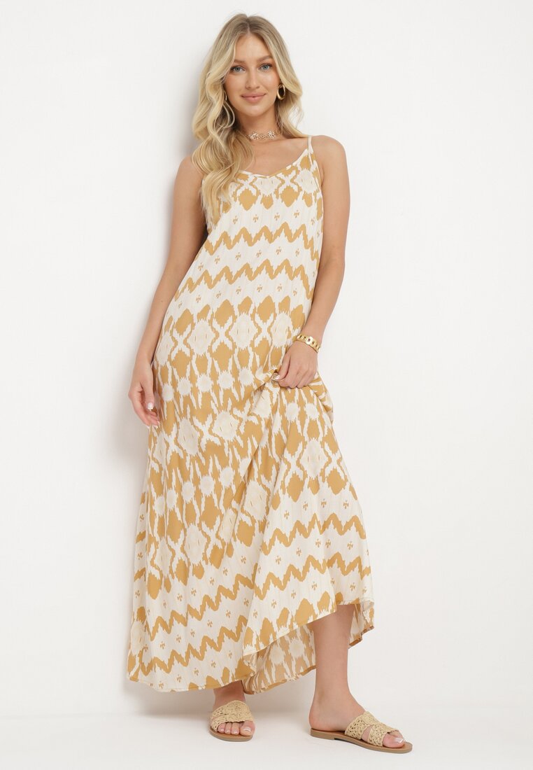 Rochie Bej din Viscoză cu Bretele Reglabile și Imprimeu Geometric Vididia