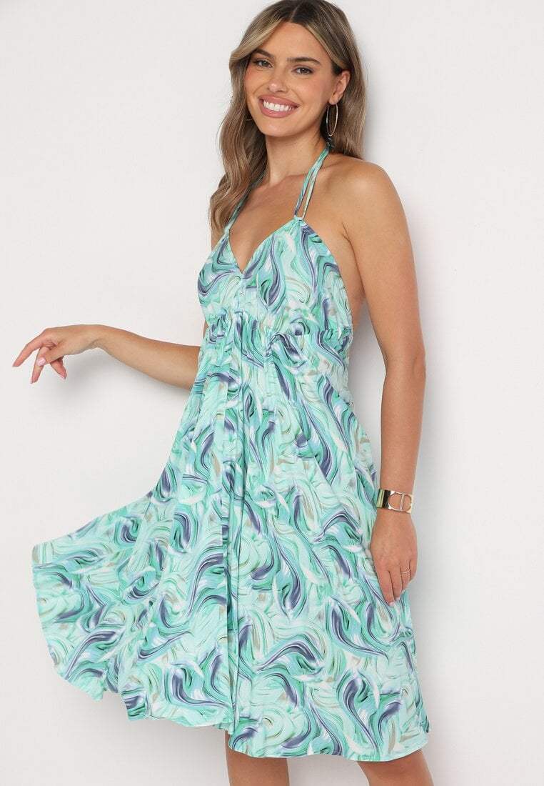 Rochie Verde Din bumbac cu bretele legată la gât și la spate cu elastic Vikllie