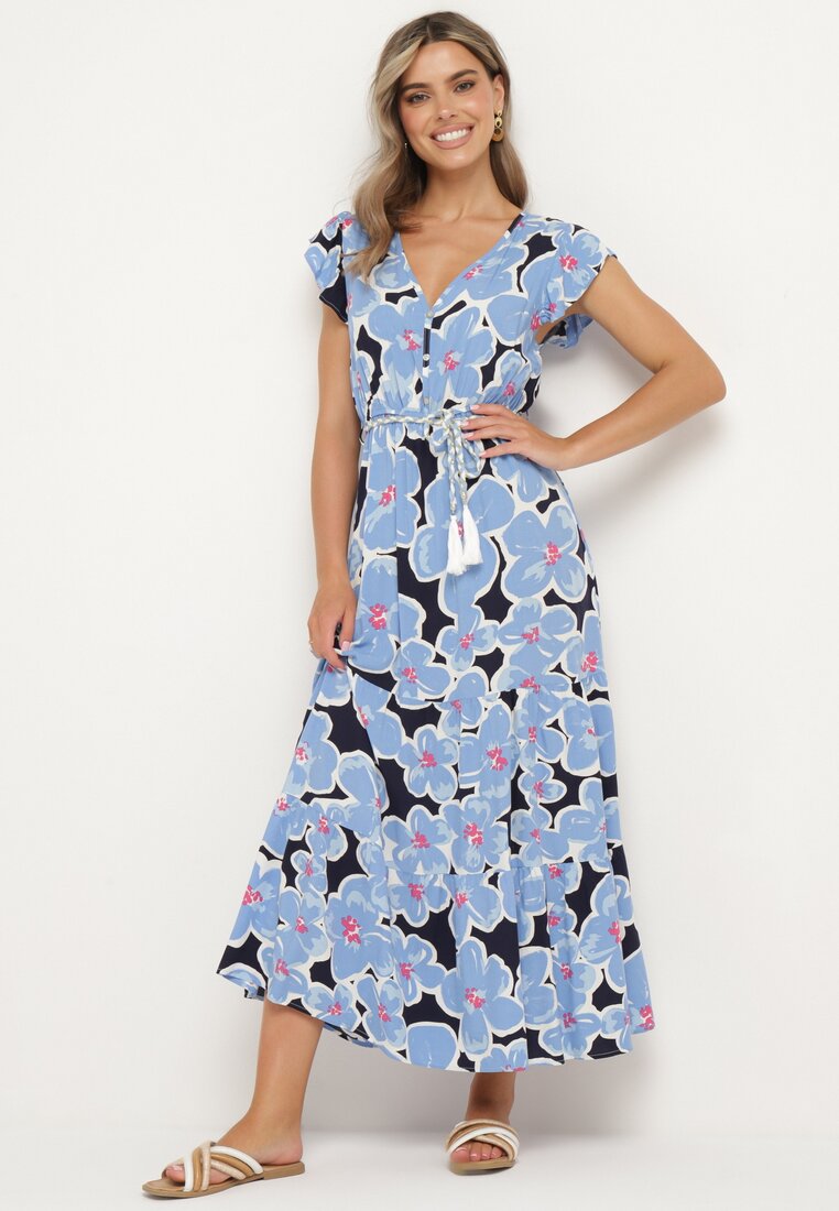 Rochie Albastră De Viscoză Florală Cu Elastic în Talie Cu Centură Decorativă Vikellie