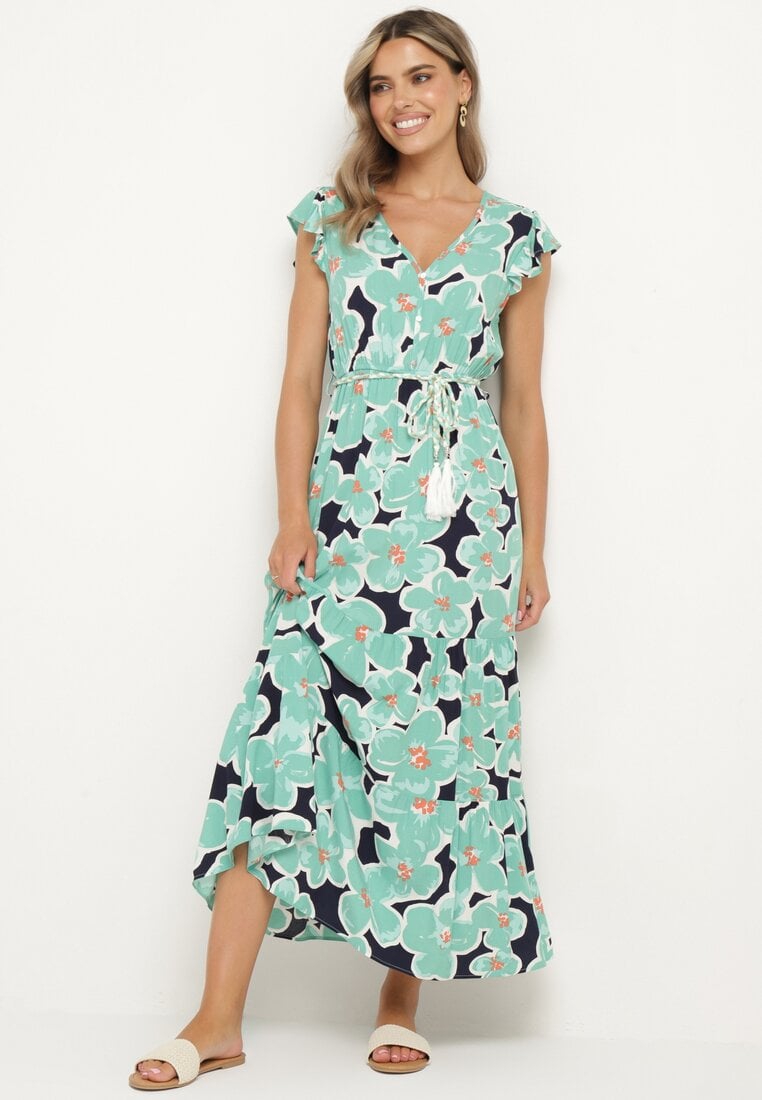 Rochie Verde din Viscoză cu Imprimeu Floral cu Elastic în Talie cu Curea Decorativă Vikellie