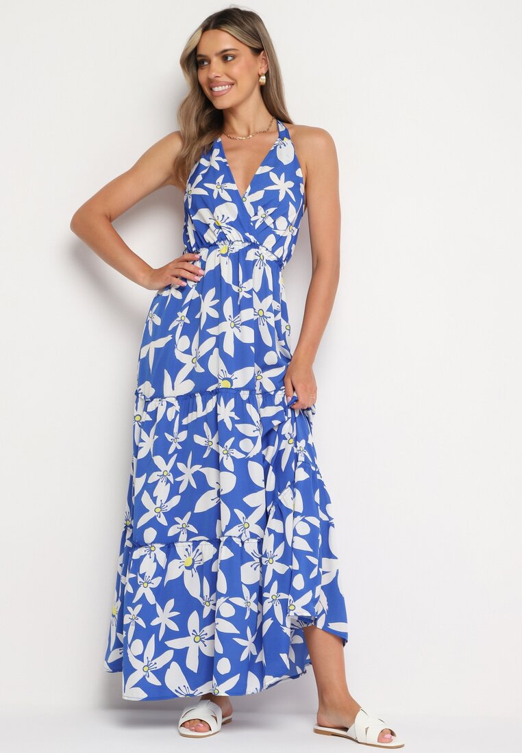 Rochie Bleumarin-Albă Petrecută Legată la gât cu elastic în talie și volan Vikittara