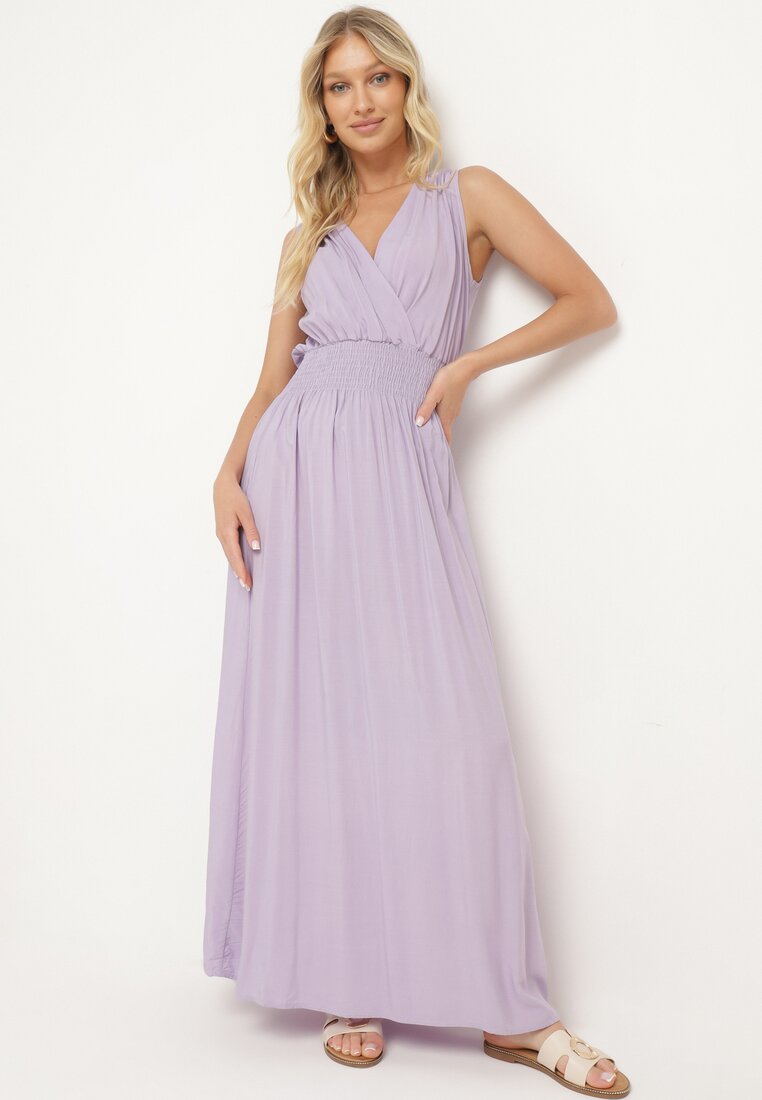 Rochie Mov Viscoză cu decolteu petrecut și elastic în talie Joridia