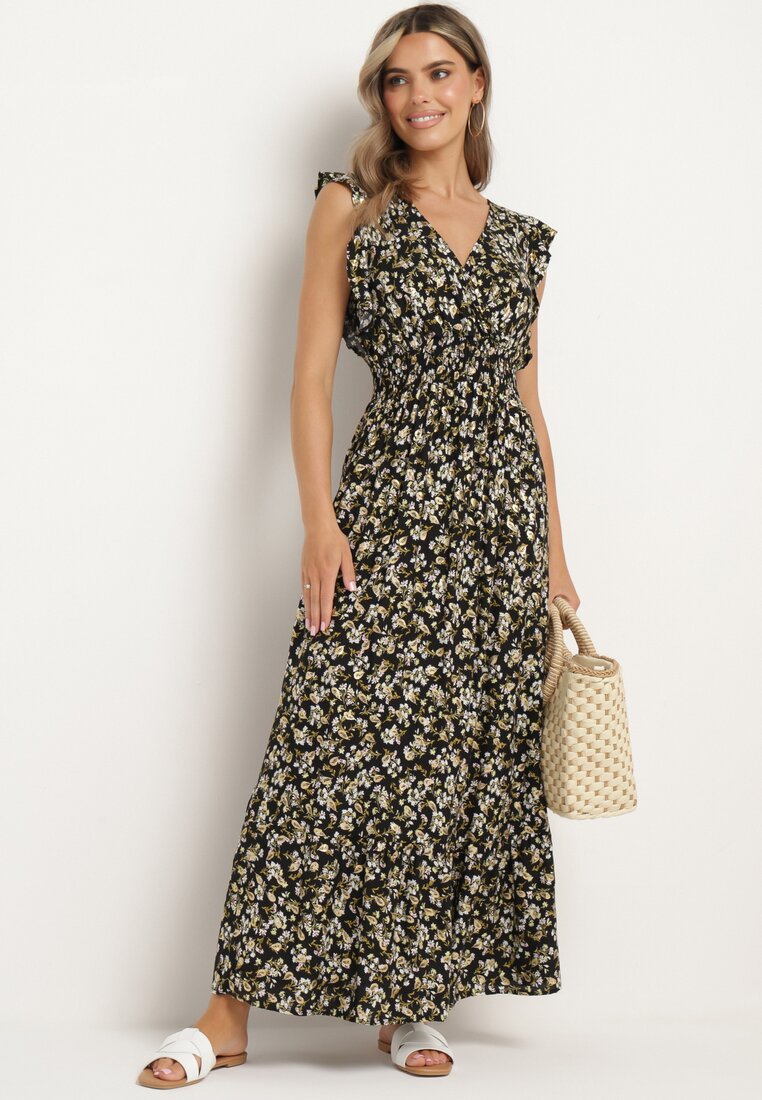 Rochie Negru-Galbenă din Viscoză cu Elastic în Talie cu Decolteu Petrecut și Volane Voaladia