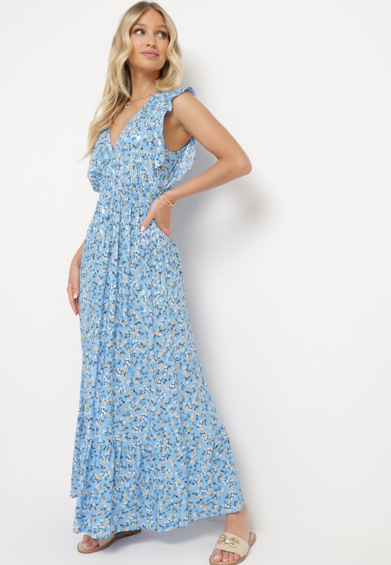 Rochie din viscoză albastră cu elastic în talie cu decolteu petrecut și volane Voaladia