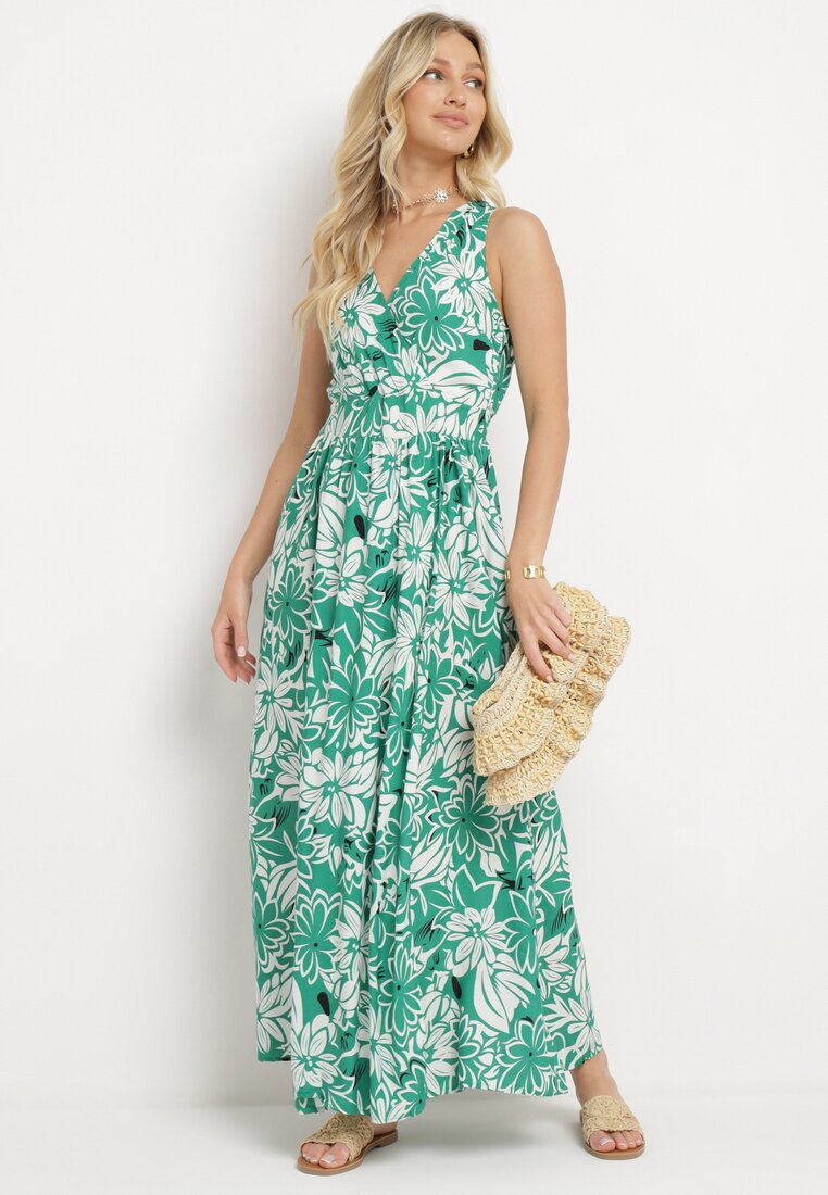 Rochie Verde din Viscoză cu decolteu petrecut, legată la gât, cu elastic în talie Vikissai