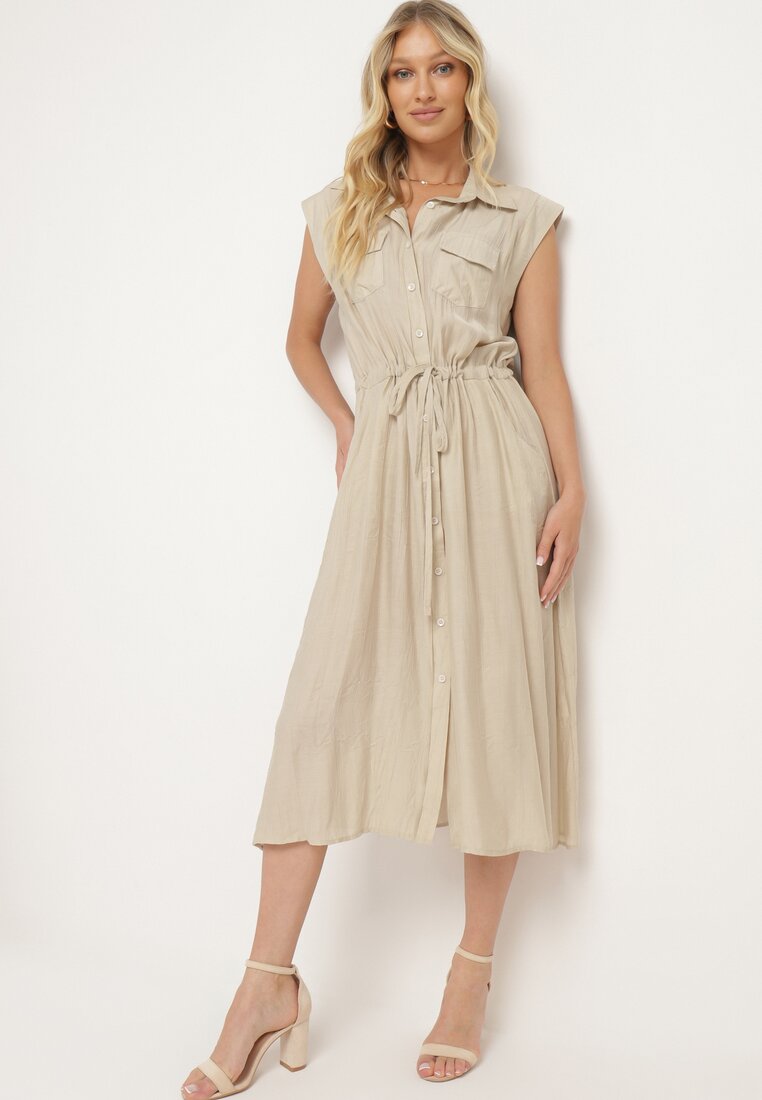Rochie bej din viscoză cu croială tip cămașă cu cordon în talie Mareviana