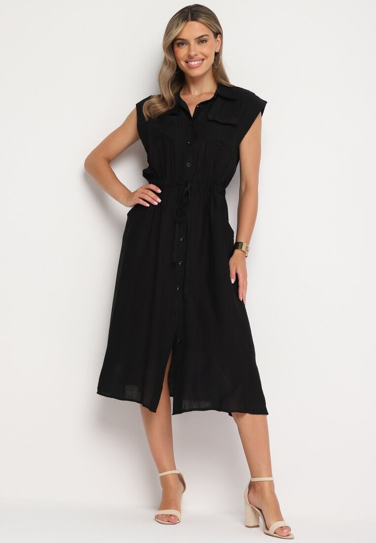 Rochie neagră din viscoză tip cămașă cu curea în talie Mareviana