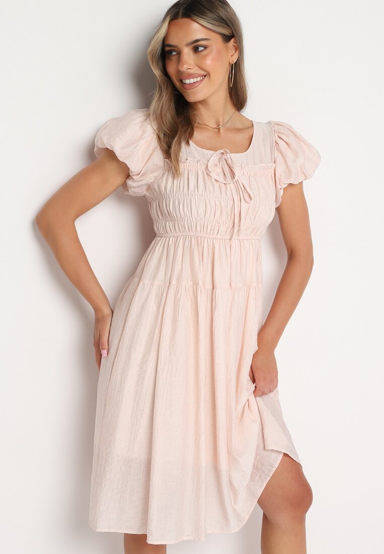 Rochie Evazată Roz deschis cu mâneci bufante și cu partea superioară încrețită Vikkasha