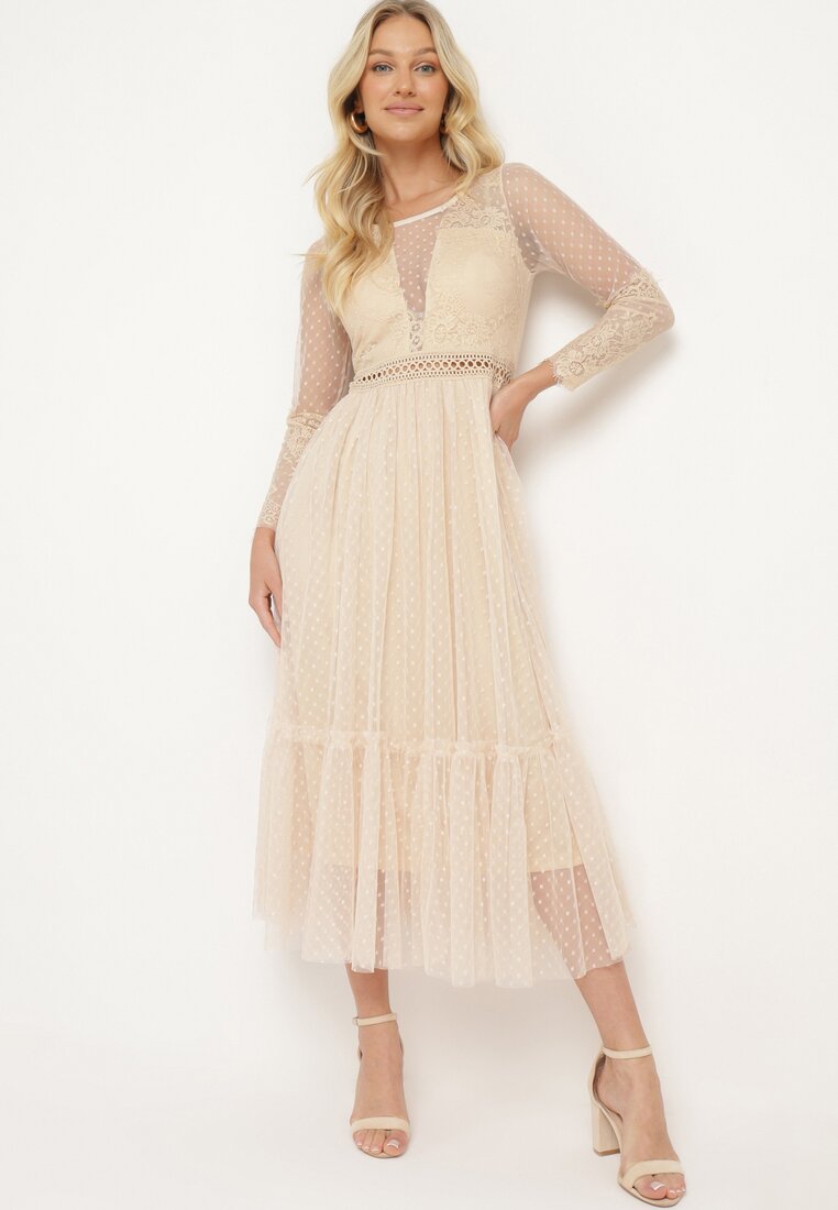 Rochie Maxi Bej închis cu croială evazată cu dantelă decorativă și tul Steilla