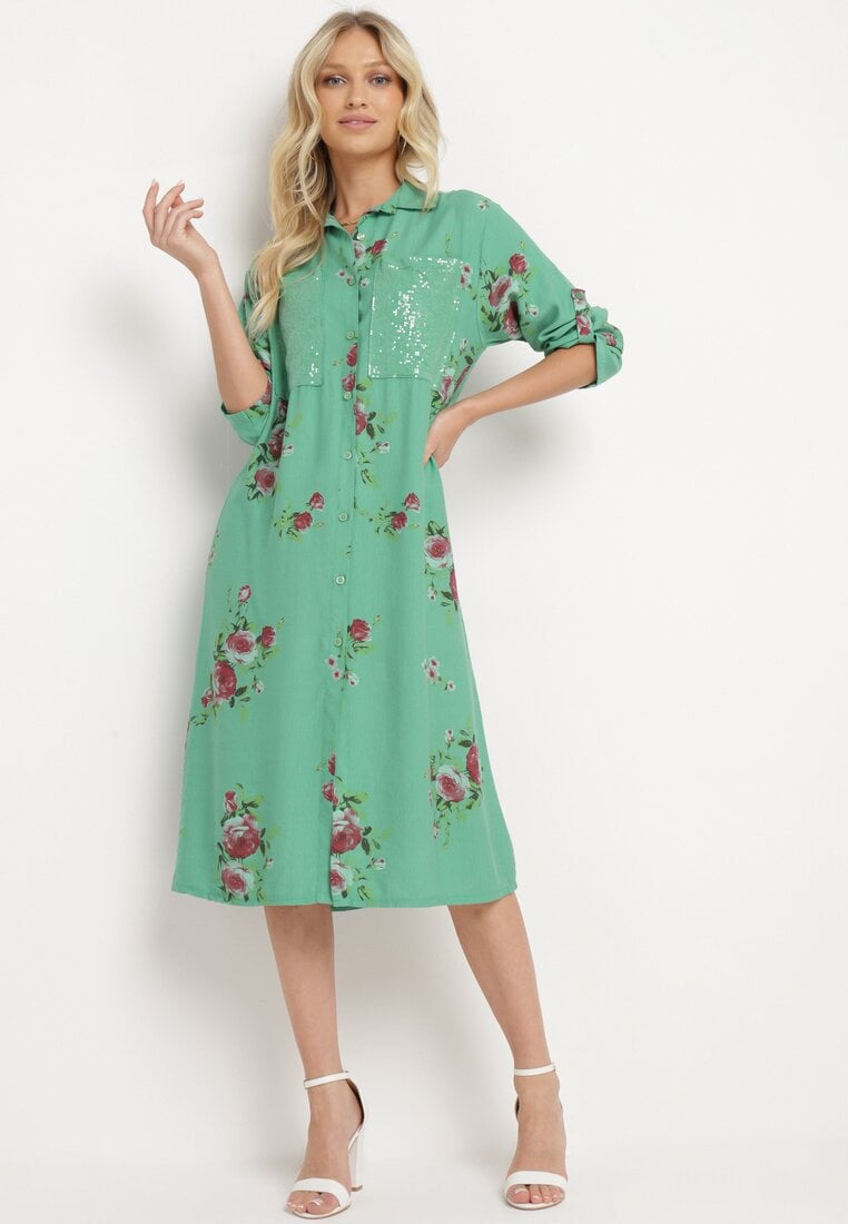 Rochie Dreaptă Verde Închis din Bumbac cu Mânecă Reglabilă Avamla