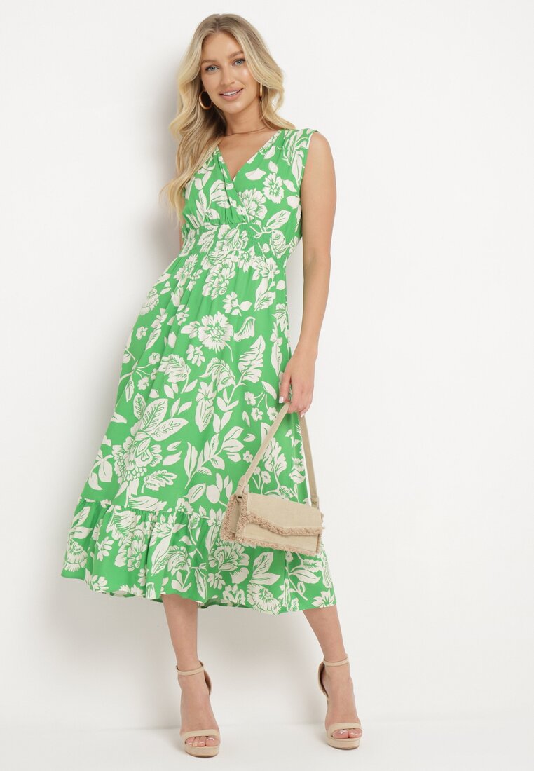 Rochie Verde Evazată din Viscoză Florală cu elastic în talie Eranea