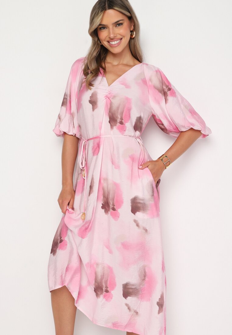 Rochie Evazată Roz din Viscoză cu Mâneci Bufante și Curea din Material Tranea