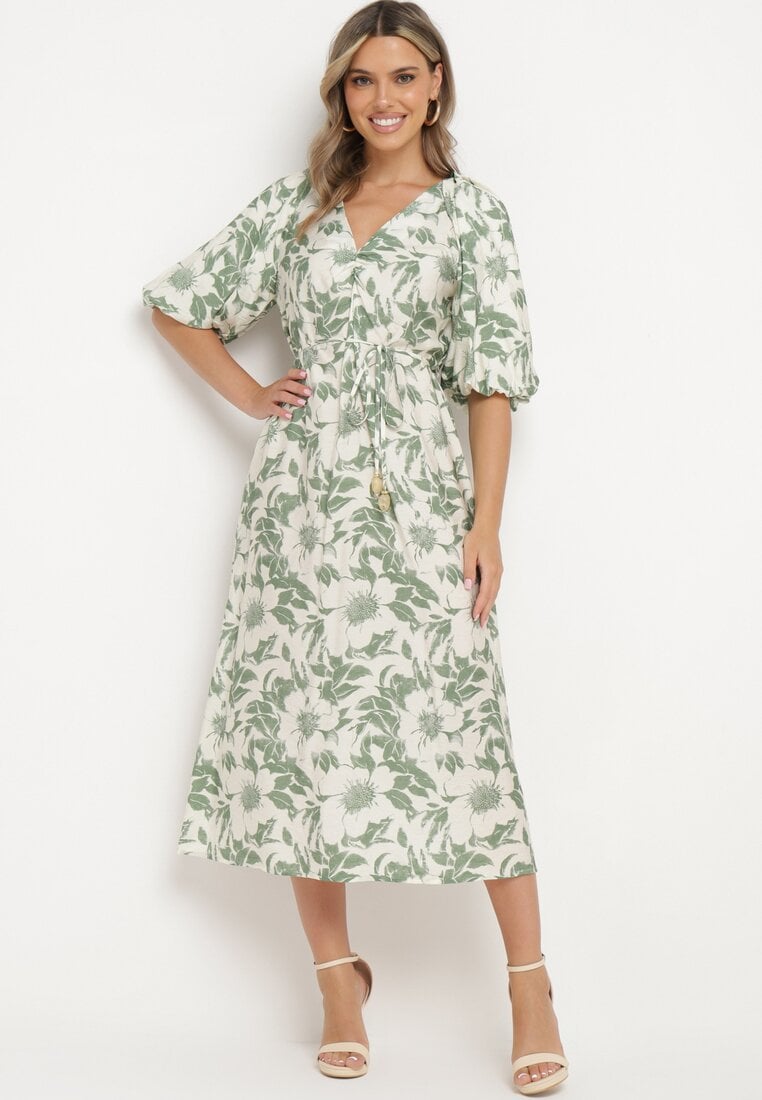 Rochie Verde-Albă Evazată din Viscoză Finisată cu Mâneci Bufante Maranea