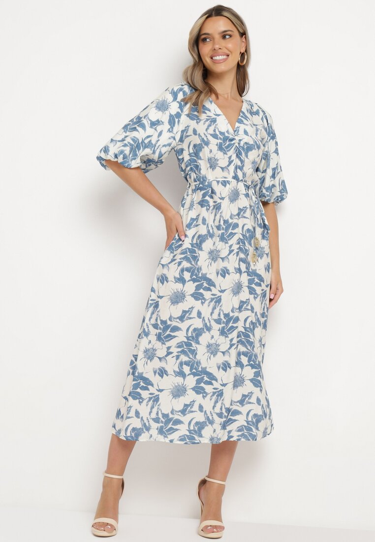 Rochie albastră-albă cloș din viscoză cu mâneci bufante Maranea