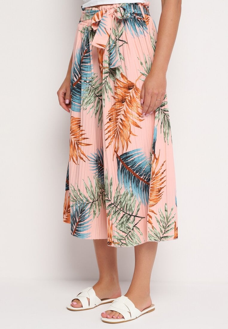 Pantaloni roz Plisați Tip Palazzo cu elastic în talie lungime 3/4 Hiefia