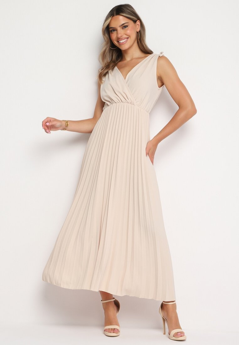 Rochie Bej Plisată din bumbac și viscoză cu croi cloș și elastic în talie Xefia