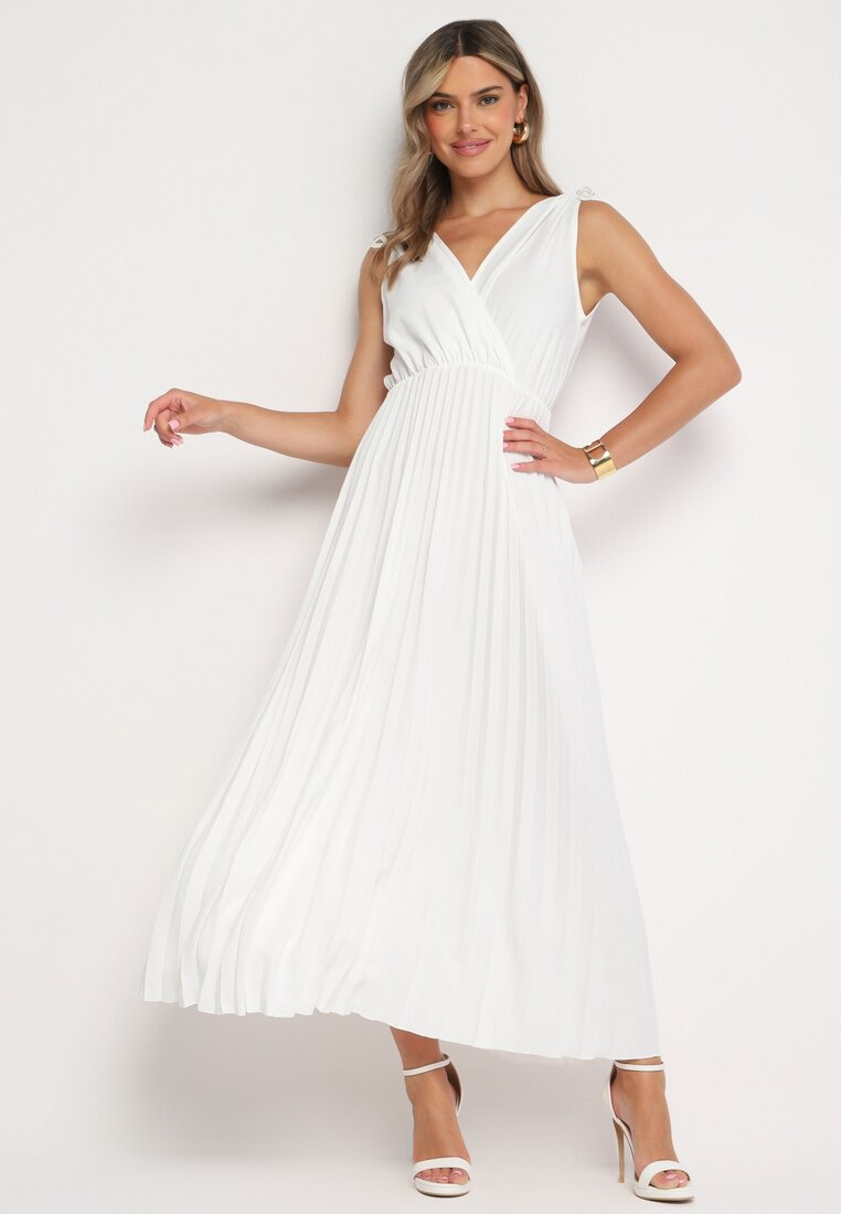 Rochie plisată Albă din Bumbac și Vâscoză cu croială Cloș cu elastic în talie Xefia