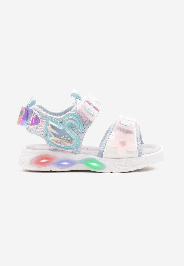 Sandale Albastre Plate cu Branț din Piele cu Inserții Metalice și LED-uri Fenavia