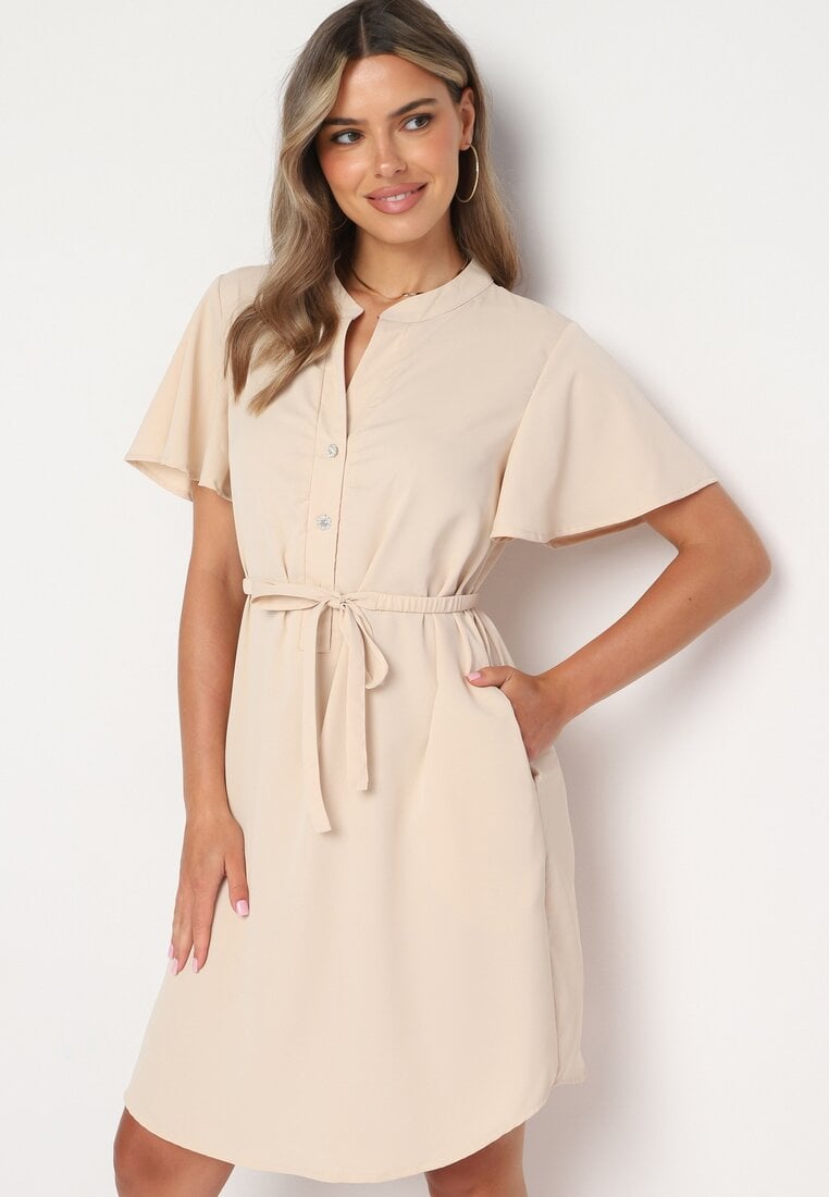 Rochie Trapezi Bej cu Top cămașă și Curea din material în talie Vikiiona