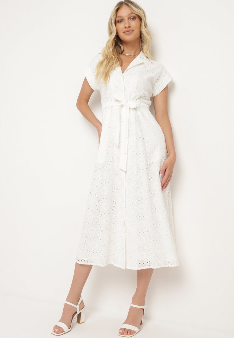 Rochie albă de bumbac ajurată cu nasturi, croială tip cămașă, legată cu cordon Grosofia