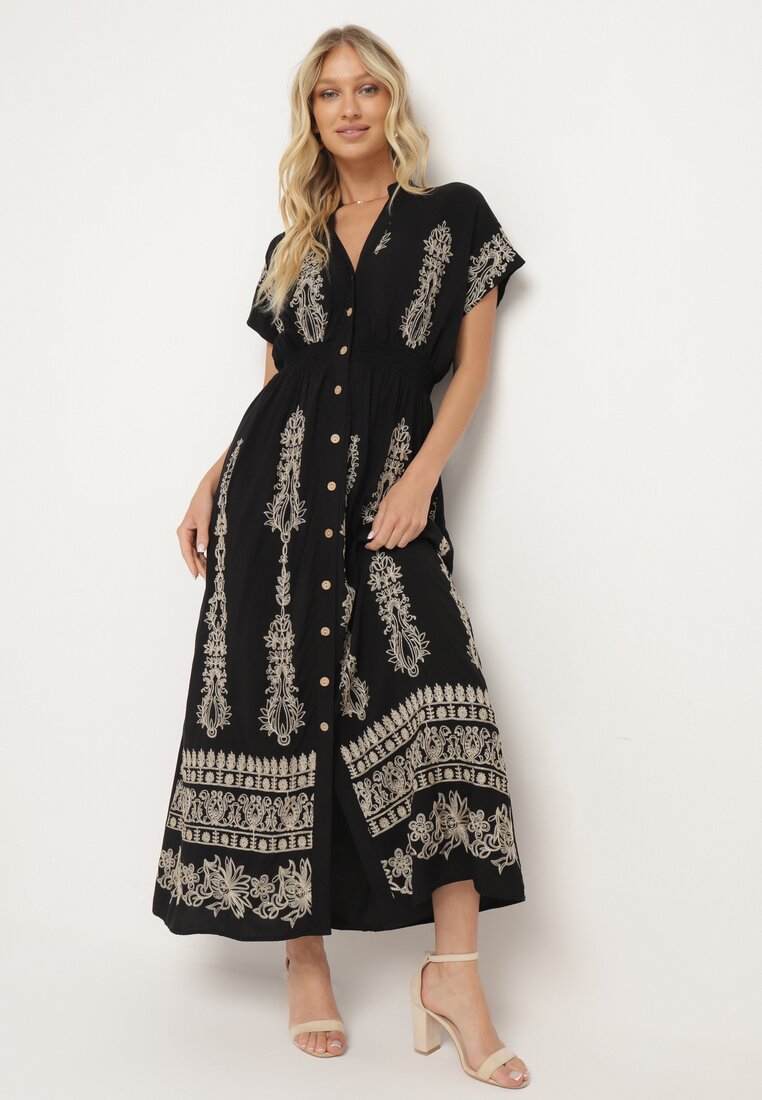 Rochie neagră brodată cambrată din bumbac decorată cu fir argintiu și elastice Ellofia