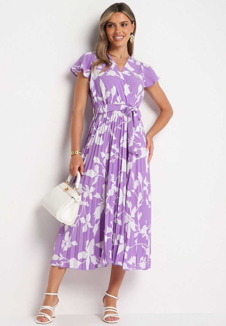 Rochie violetă petrecută plisată cu elastic și curea în talie Denevia