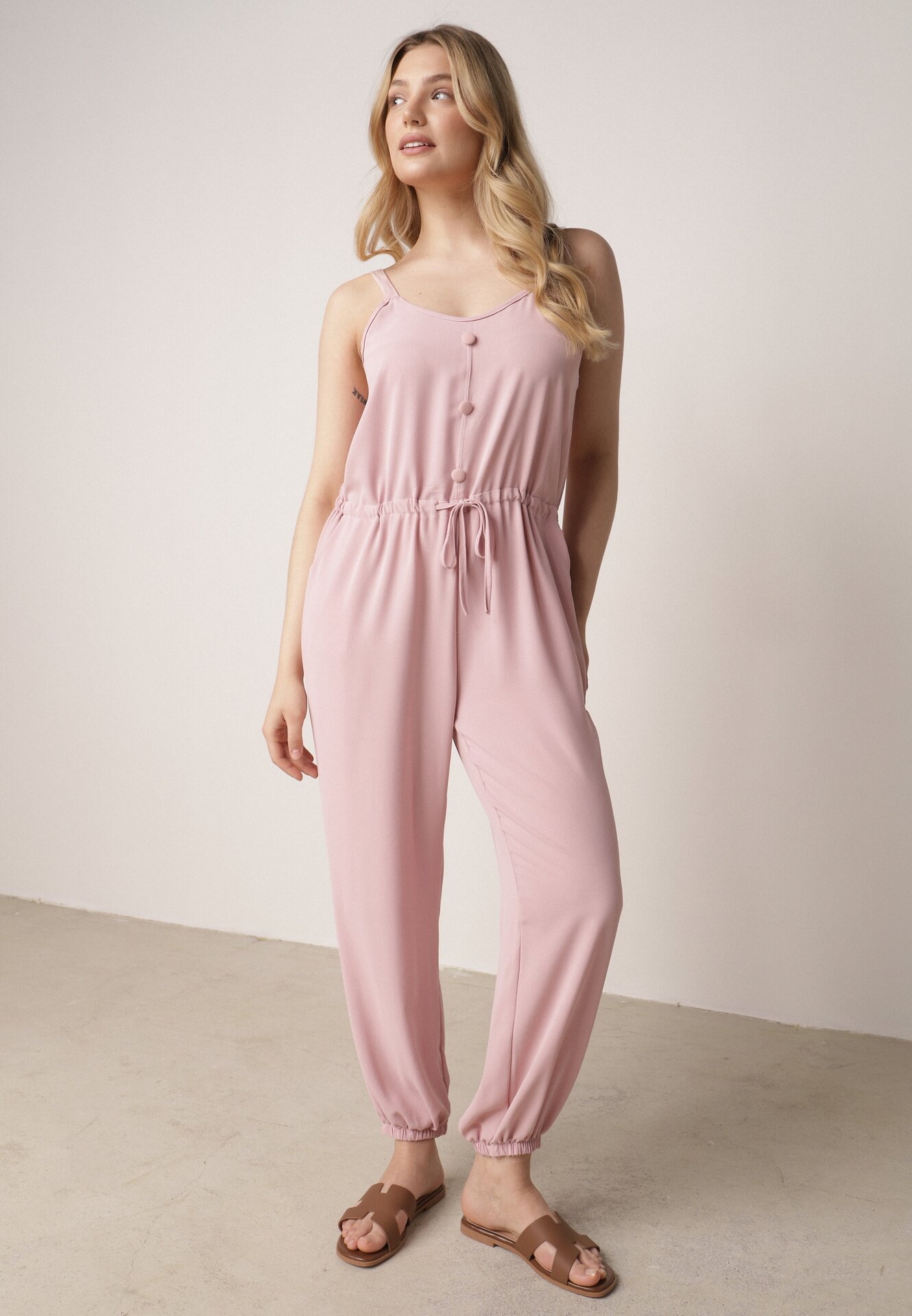 Salopetă Roz de Bumbac cu bretele reglabile cu șnur în talie Beamla