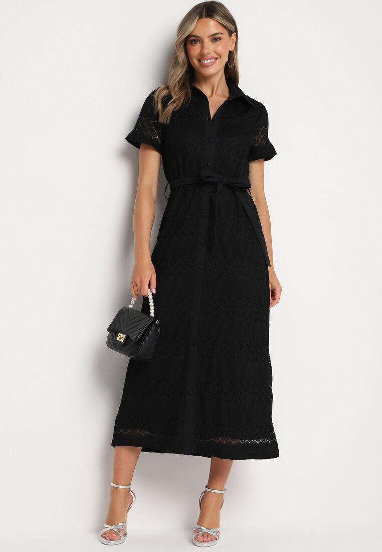 Rochie Cămașă Neagră cu Nasturi cu Model Ajurat Legată cu Cordon Klarevia