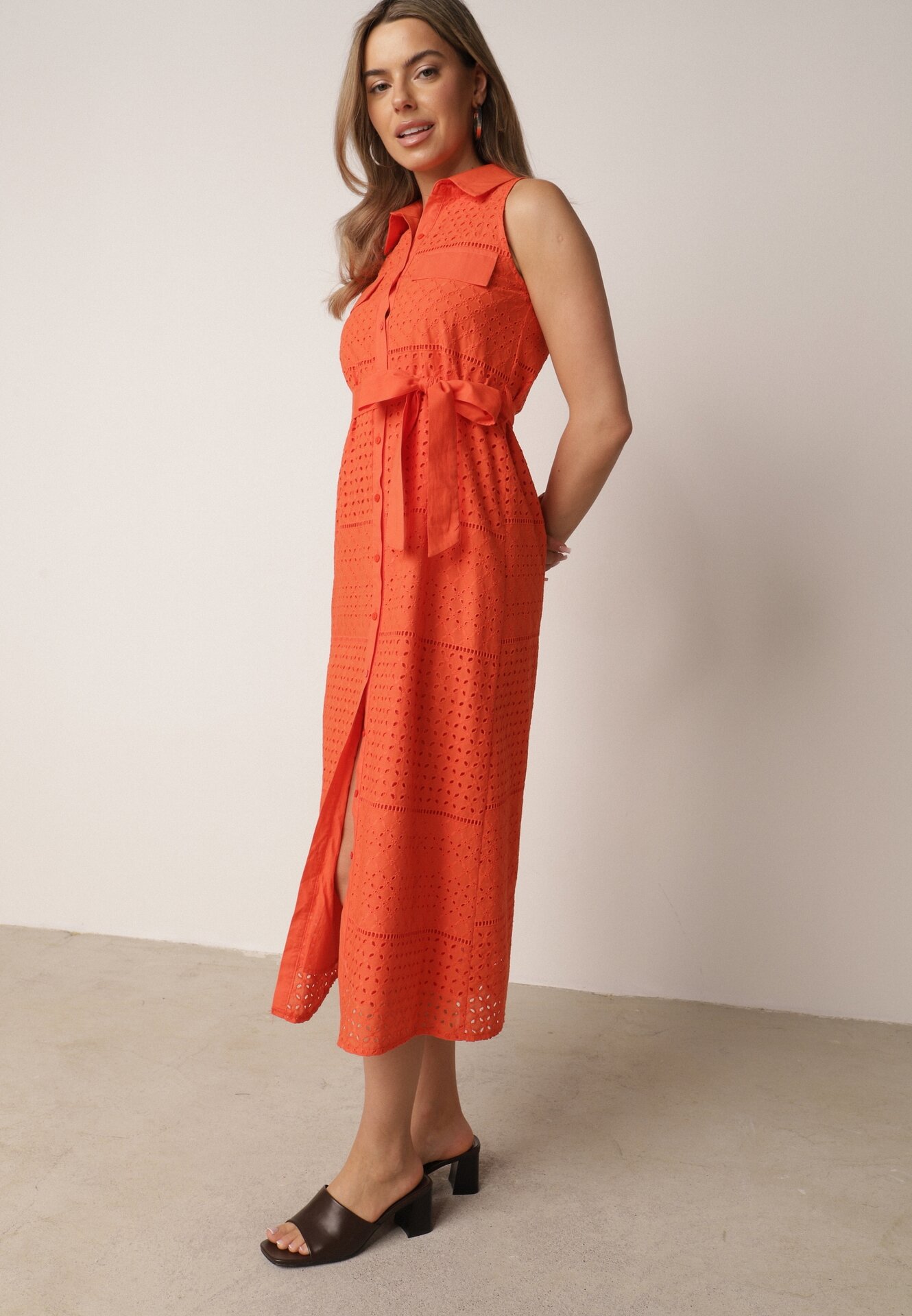 Rochie din bumbac Portocalie cu ajur, cu croială tip cămașă, cu cordon din material în talie Vikiiana