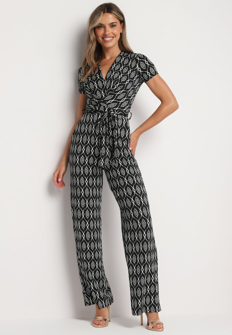 Salopetă Neagră Cămbrată cu viscoză cu mânecă scurtă și cu pantaloni lungi Legată în talie Jeleavia