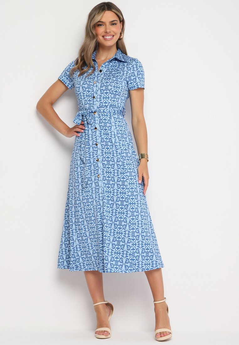 Rochie Taliowana Albastră cu Viscoză Decorată cu Centură din Material și Nasturi Franea