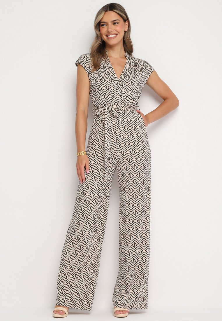 Salopetă bej cu negru din vâscoză legată în talie Sosofia