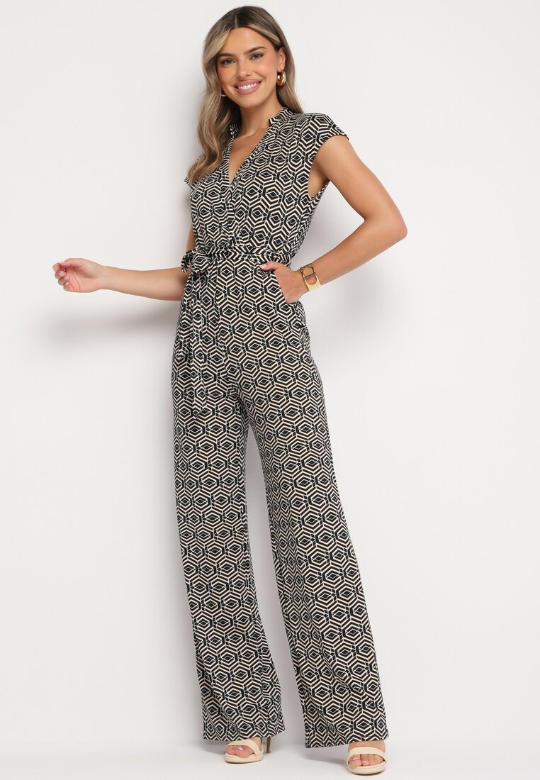 Salopetă Negru-Alb cu Viscoză Legată în Talie Sosofia