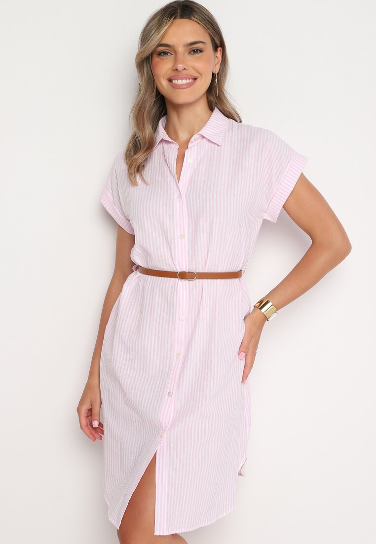Rochie Tip Cămașă Roz din Bumbac cu Mânecă Scurtă și Curea în Talie Nulefia
