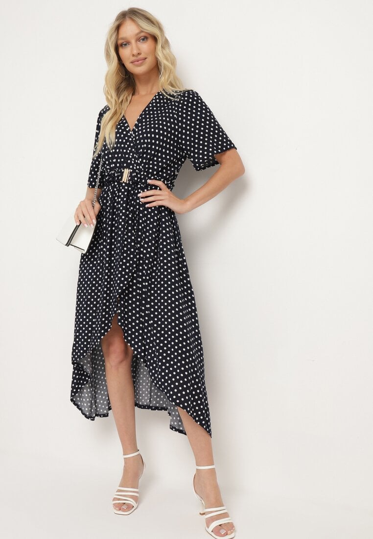 Rochie bleumarin cu decolteu petrecut cu croială asimetrică cu cordon și elastic în talie Drelefia