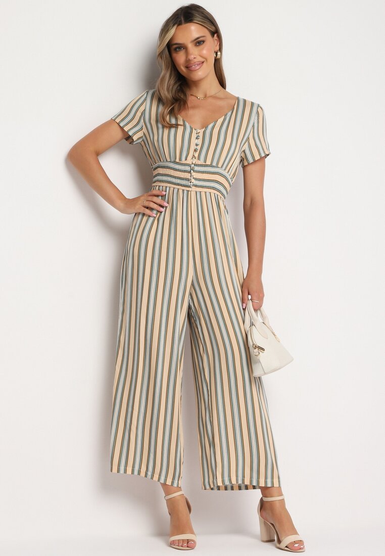 Salopetă Bej Vâscoză cu Nasturi la Decolteu și Bandă Elastică în Talie Tinaleias