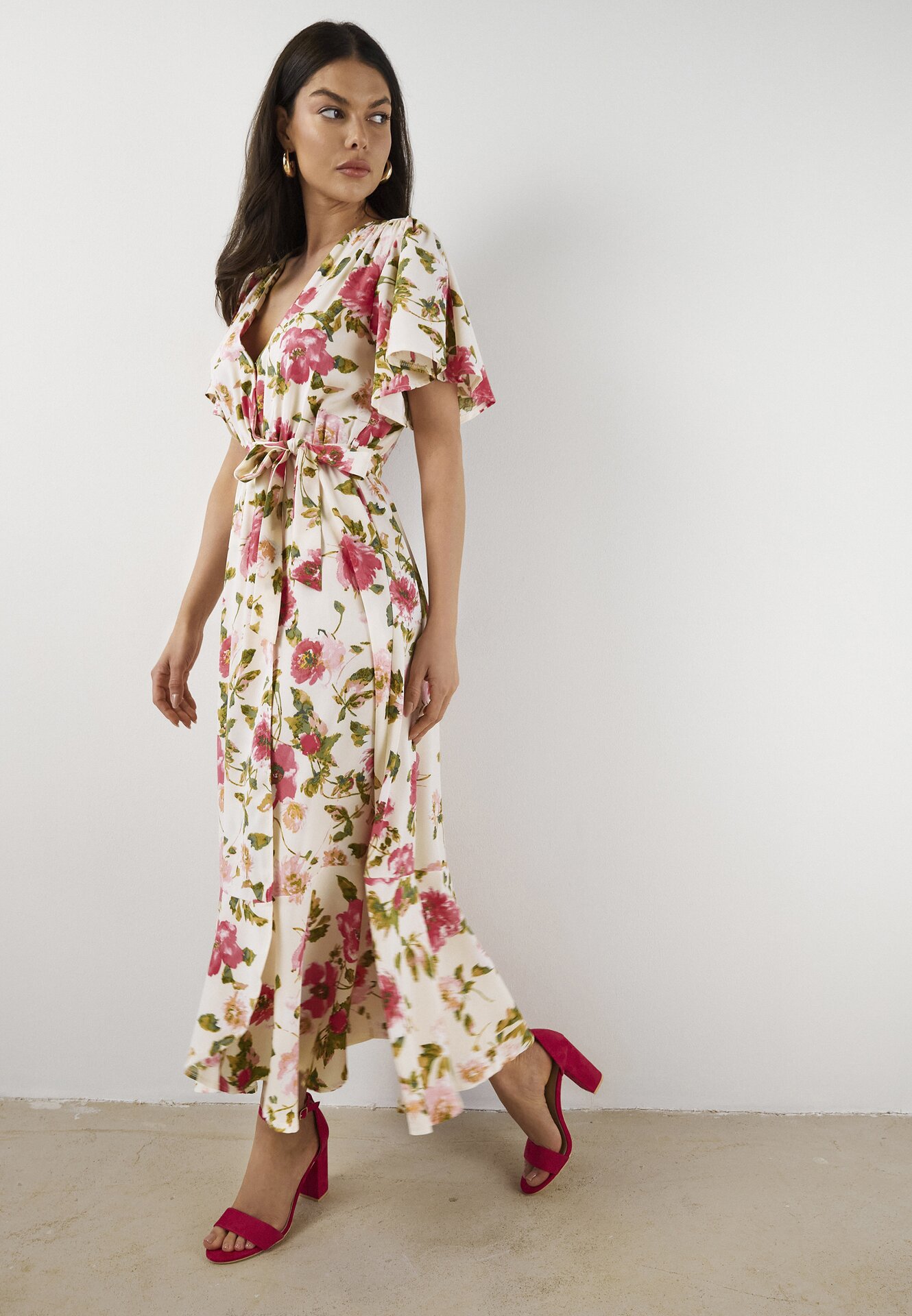 Rochie Bej-Roz cu decolteu tip plic cu elastic în talie și curea textilă Genatia