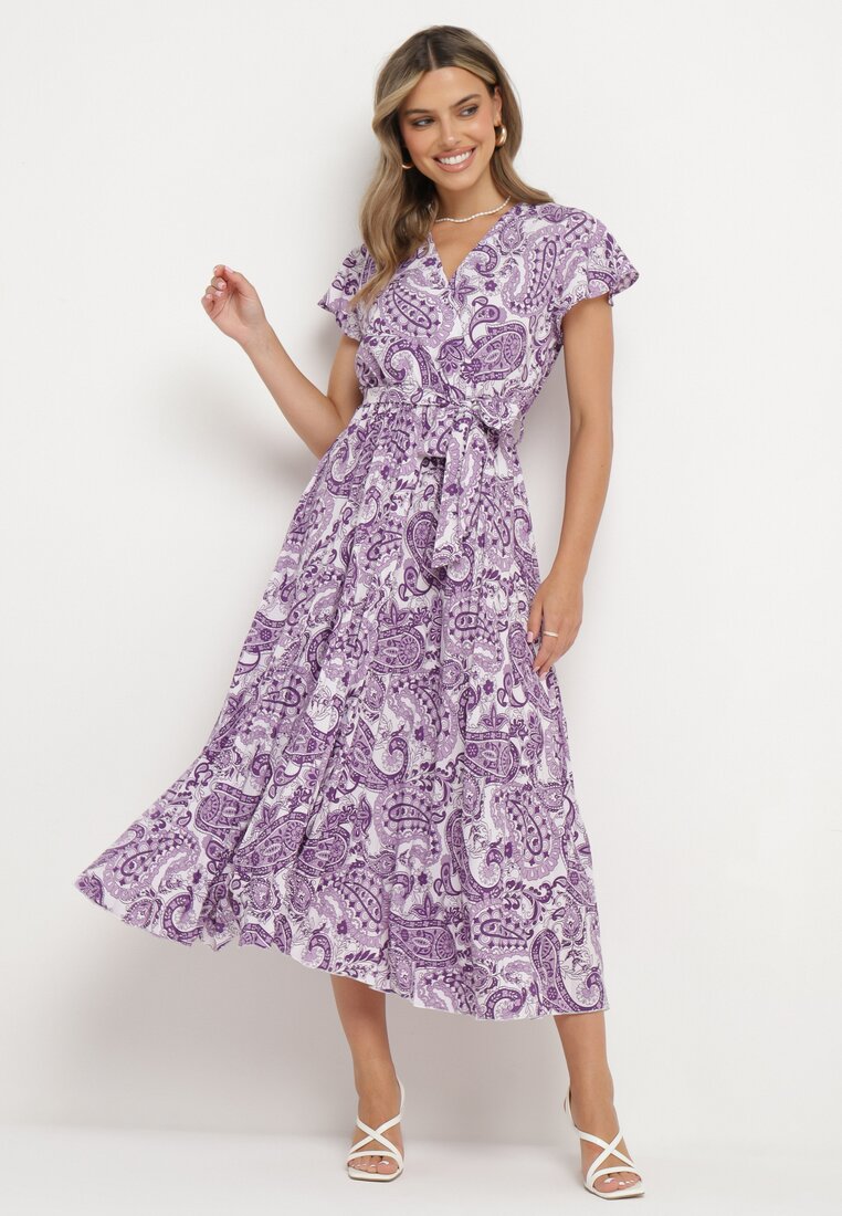 Rochie Mov cu Decolteu petrecut cu elastic în talie și curea din material Xelovia