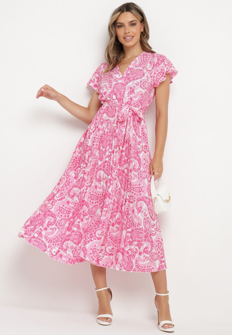 Rochie Roz cu decolteu petrecut cu elastic in talie si curea din material Xelovia