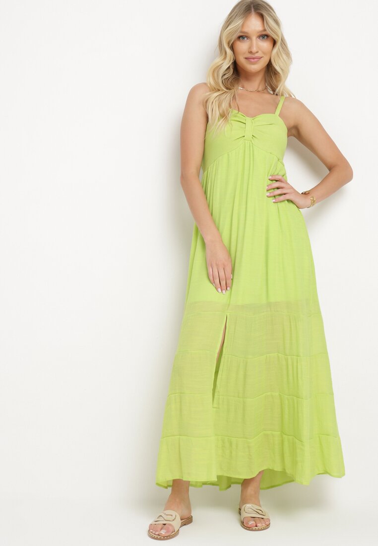 Rochie Verde Deschis cu Bumbac cu Bretele Reglabile cu Elastic la Spate Tinathias