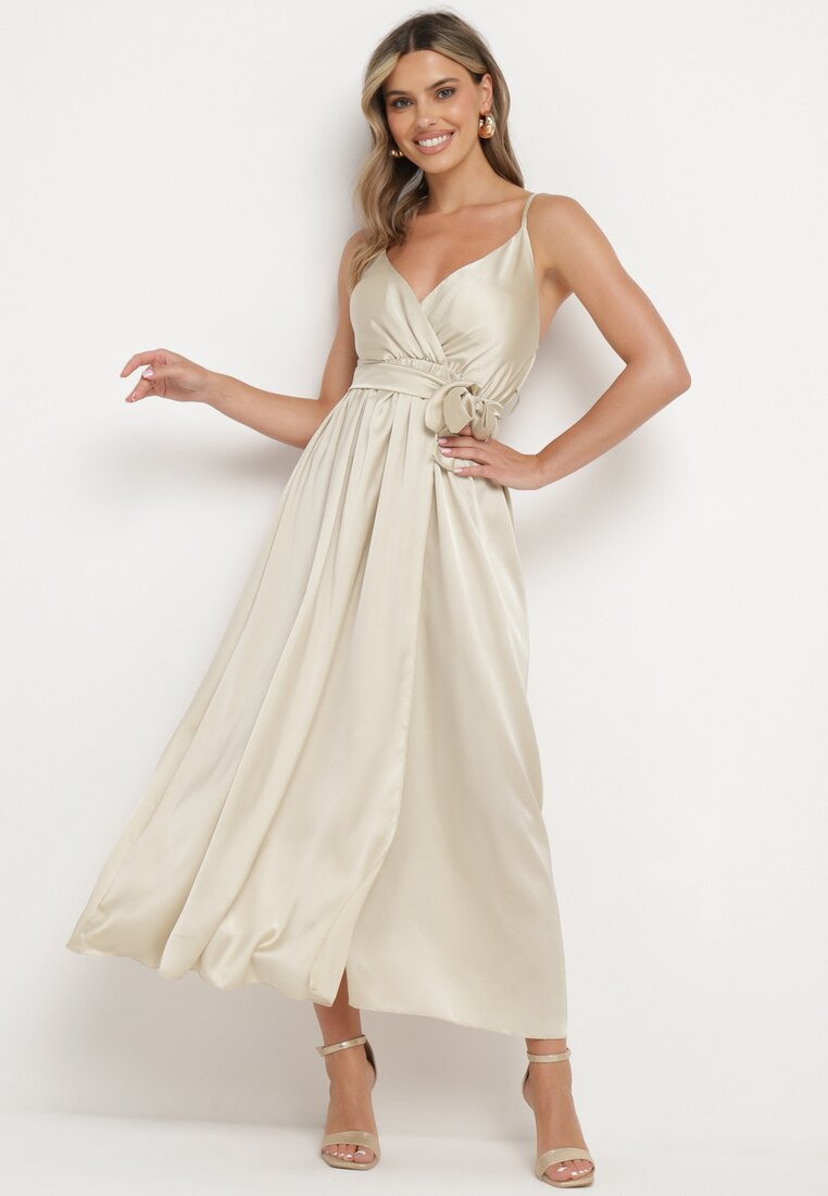 Rochie de Cocktail Bej pe bretele reglabile cu elastic în talie și crăpătură Quelsea