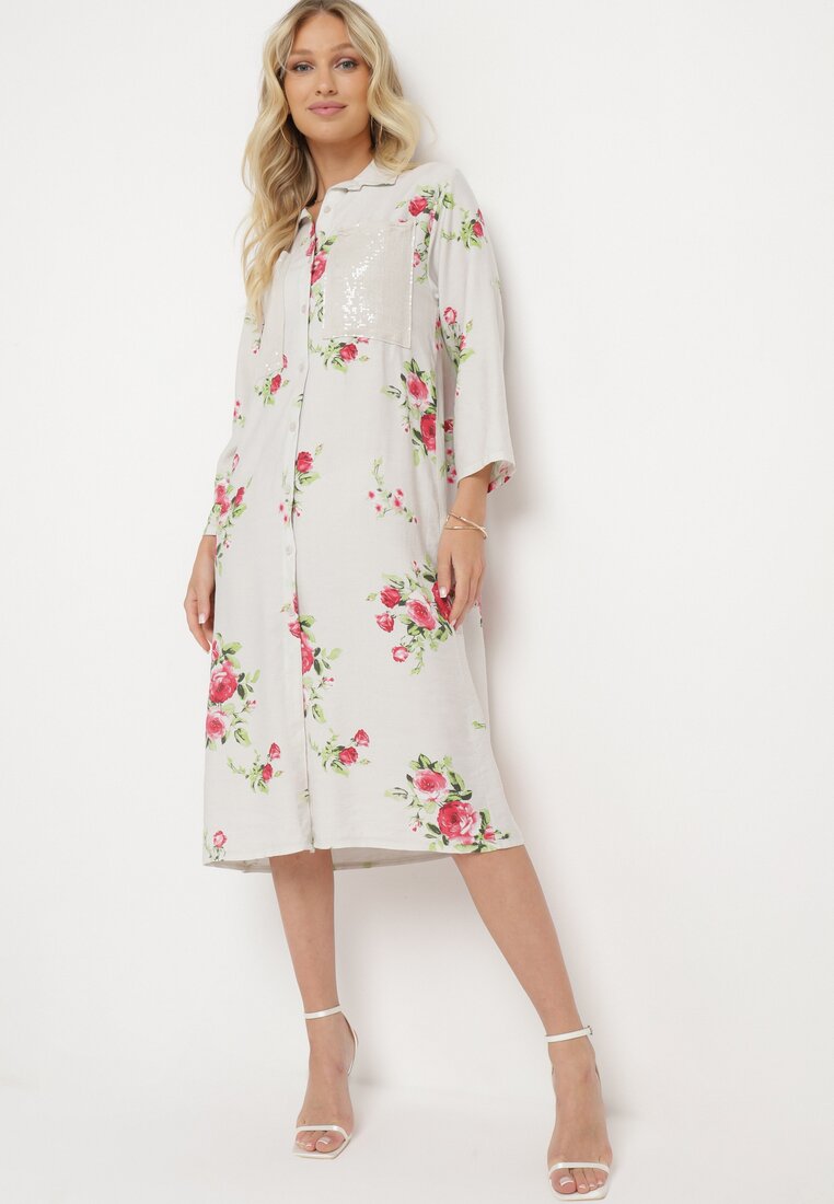 Rochie Gri deschis Tip cutie din Bumbac cu Mânecă Reglabilă Avamla